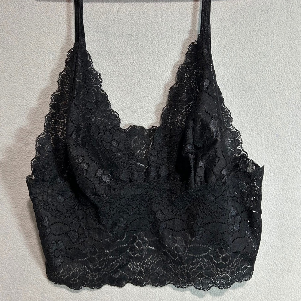 Black Lace Top Y2K Floral Scalloped Trim Adjustable Straps Stretch